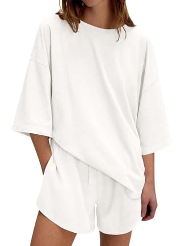 Tankaneo Womens 2 Piece Shorts Set Summer Casual Half Sleeve Tunic Tops High Waisted Shorts Lounge Outfits White - Image 1