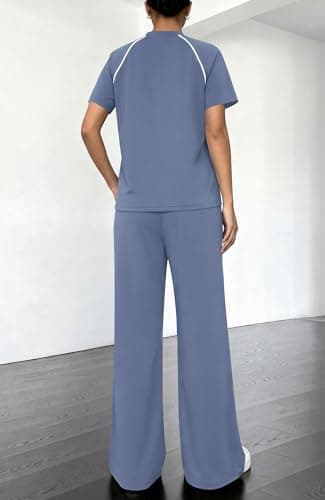 BTFBM Casual Two Piece Sets For Women Summer Outfits Solid Matching Sweatsuit Lounge Set Wide Leg Pants Workout(Grey Blue,Large) - Thumbnail 3