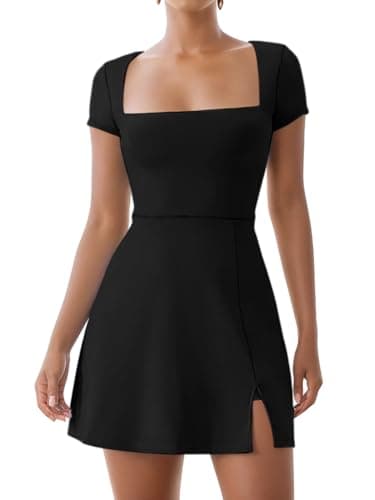 Dokuritu Womens Tennis Dress Short Sleeve Square Neck Golf Dress Sexy Side Slit 2024 Summer Active Exercise Athletic Dresses with Built in Shorts & Bra Black - Image 1