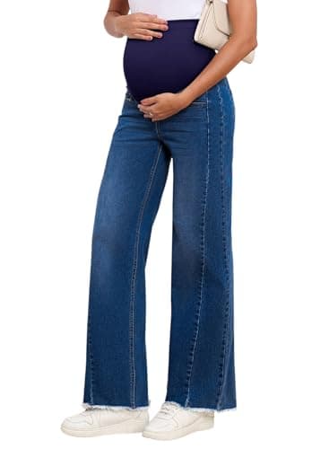 BLENCOT Maternity Jeans for Women Over Belly Straight Leg Adjustable Waisted Baggy Stretchy Denim Pants Casual Work Cotton Ripped Hem Trendy Pregnancy Boyfriend Jean Small Bluing - Image 1