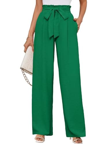 KORSIS Wide Leg Pants for Women Lightweight Waisted Adjustable Tie Knot Loose Comfy Casual Trousers with Pocket Green Large - Image 1