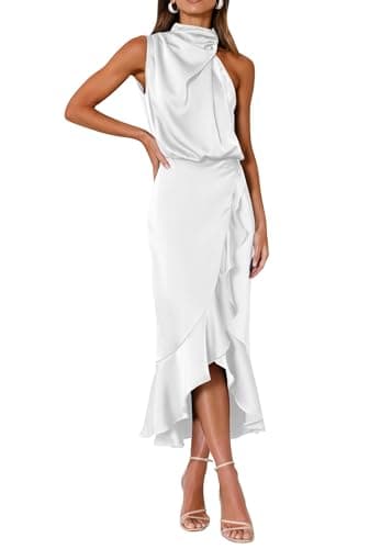 KIRUNDO Women 2026 Spring Summer Satin Mock Neck Wedding Guest Party Cocktail Midi Dress Sleeveless Wrap Ruffle Formal Dress(X-Large, White) - Image 1