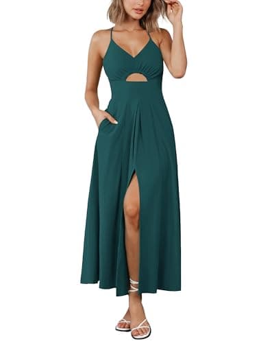 BTFBM Women 2026 Spaghetti Strap Midi Summer Dresses Sleeveless V Neck Cutout Slit Casual Beach Party Maxi Dress Pockets(Blue Green, Large) - Image 1