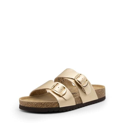 DREAM PAIRS Women's Slides Soft Genuine Footbed Sandals Comfortable Adjustable Double Buckle Slip-on Flat Sandals with Arch Support Frame Dual Slippers for Summer 2026,Size 8.5,Gold,SDSS26004W - Image 1