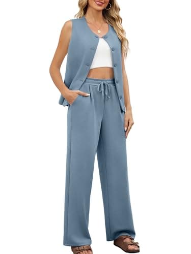 Casly Lamiit Womens Sets 2 Piece Outfits Summer Casual Lounge Travel Airport Clothes Matching Set Crew Neck Vest Waistcoat Wide Leg Pants Blue Grey 2XL - Thumbnail 3