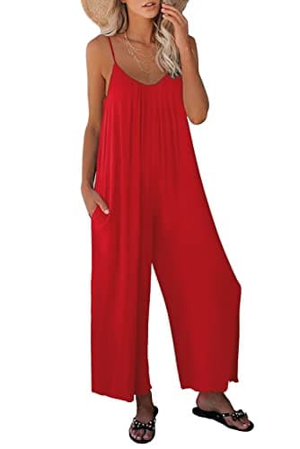 STOLKISS Women Casual Jumpsuits Summer Sleeveless Loose Jumpsuit Shoulder Strap Adjustable Long Pants Rompers with Pockets (Solid Red, Medium) - Image 1