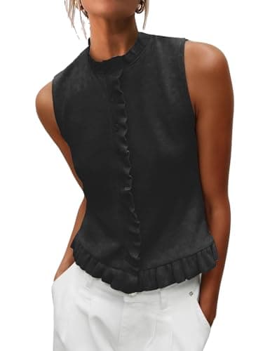 Hilomirics Womens Sleeveless Sweater Vest Mockneck Button Down Vacation Tank Top Summer Ruffle Going Out Vest Tops Black - Image 1