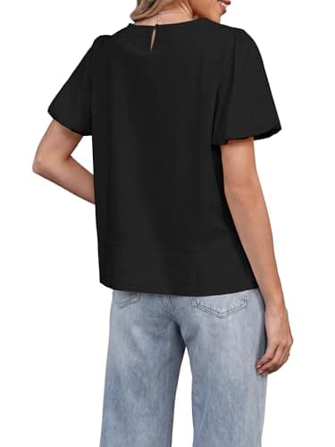 Funlingo Womens Blouses Summer Short Puff Sleeve Babydoll Tops for Women Casual Crew Neck Flowy Pleated Shirts Cute Clothes Black XL - Thumbnail 3