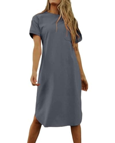 Dyexces Womens Summer Tshirt Midi Dresses Tshirts Crew Neck Short Sleeve Dress T-Shirts Solid Basic Casual Maxi Dresses with Pocket T-Shirt Dresses Grey - Image 1