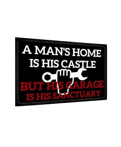 Carastora Men's Vintage Garage Decor, Funny Metal Tin Sign, Quote "A man's home is his castle, his garage his sanctuary", Rustic Style Den Home Bar Accessory, 12x8 Inch - Image 1
