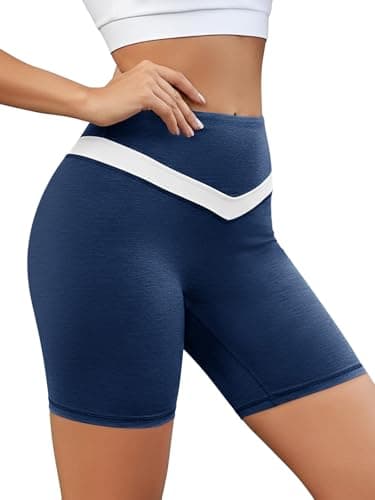 Aoysky Womens 6" High Waisted Butt Lifting Biker Shorts Buttery Soft Color Block Yoga Running Volleyball Athletic Shorts Navy