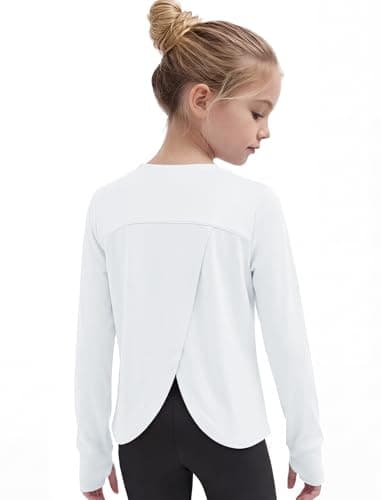 Gogokids Girls Long Sleeve Athletic Shirt, Breathable Cotton Activewear Top with Stretch, Split Back & Thumbholes, White, 140, 9-10 Years - Image 1