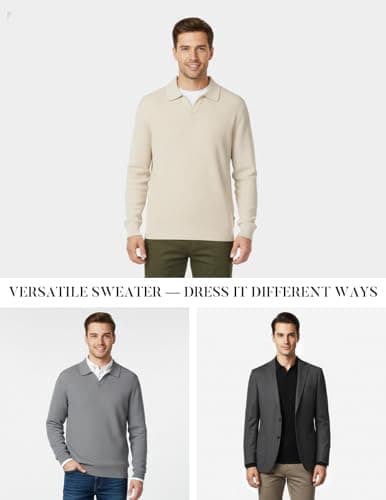 PJ PAUL JONES V Neck Sweater Men Casual Collared Pullover Sweater Long Sleeve Textured Sweater Beige - Thumbnail 5