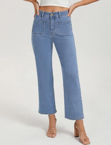 Belle Poque Women Straight Leg Jeans Light Blue Mid Rise Stretchy Wide Leg Denim Pants with Pockets Front (Light Blue, 16) - Thumbnail 2