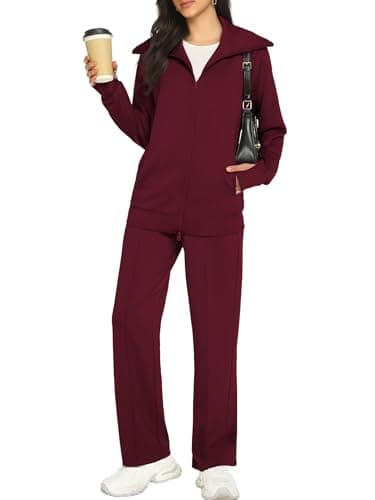 Casly Lamiit 2 Piece Lounge Sets for Women 2026 Casual Sweatsuit Travel Outfits Double Zipper Sweatshirt Long Sweatpants Athletic Track Suit Ancora Red S - Thumbnail 2