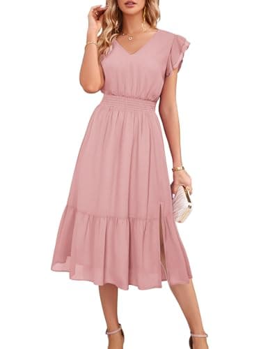 2025 Womens Maxi Cocktail Dress Flowy A-Line, V-Neck Ruffle Sleeve Split Tiered Wedding Guest Dress, Light Pink-Plain 2XL - Image 1