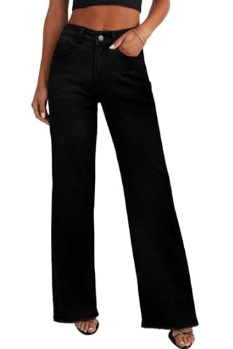 Sidefeel Women's High Waisted Baggy Jeans Stretchy Raw Hem Straight Leg Zimbaplatinum Denim Pants Size 10 Solid Black - Image 1