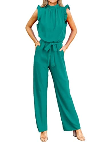 KIRUNDO Jumpsuits For Women Dressy Summer One Piece Sleeveless Ruffle Mock Neck Belt Pockets Formal Wide Leg Pants Romper(Lake Blue, Small) - Image 1