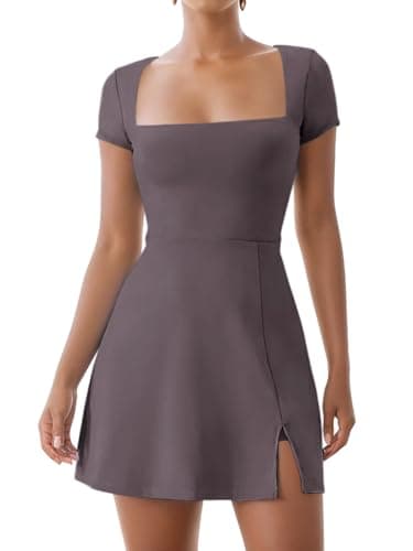 Dokuritu Womens Tennis Dresses Short Sleeve Square Neck 2024 Side Slit Double Lined Golf Athletic Dress with Built in Shorts - Image 1