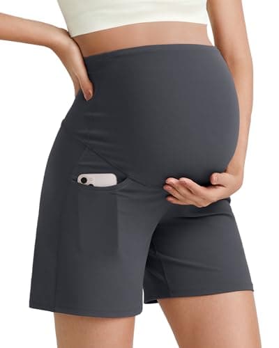 G4Free Maternity Shorts Active Over The Belly Stretchy Pregnancy Yoga Shorts with Pockets Workout Short Lounge Pants(Dark Gray,XL) - Image 1