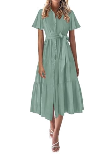 KIRUNDO Summer Button Down Wedding Guest Shirt Dresses for Women Maxi Flutter Short Sleeve Flowy Tiered Beach Sun Dress(Bean Green, XX-Large) - Image 1
