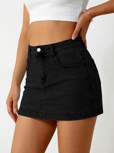 BISUAL Denim Mini Skirt High Waisted Jean Skirts for Women Sexy Stretch Denim Skirt with Shorts Underneath Casual Jean Skort Black L - Thumbnail 4