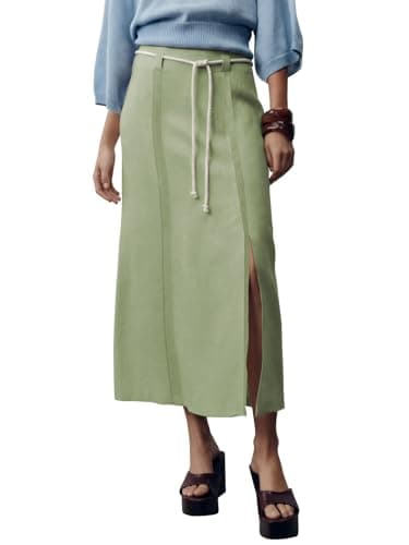 EXLURA Womens Linen Elastic Waist Straight Midi Skirt Summer Cotton Maxi Long Boho Skirts Slit Beach Vacation Outfits 2026 Grey Green - Image 1