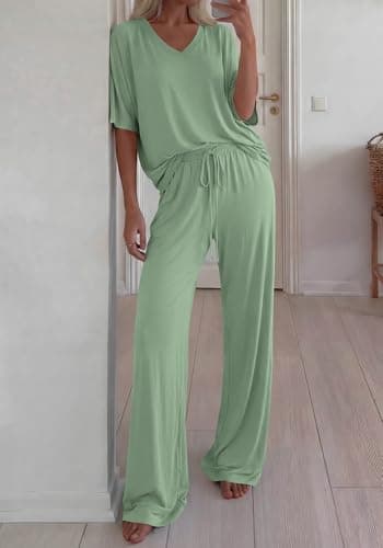 BTFBM 2 Piece Sets for Women Summer V Neck Short Sleeve Lounge Set Wide Leg Pants Matching Set Airport Travel Outfits(Sage Green, XX-Large) - Thumbnail 4