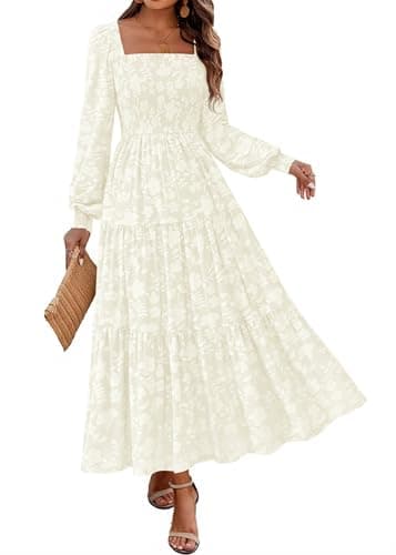 KIRUNDO Wedding Guest Dresses for Women Spring 2026 Long Sleeve Smocked Floral Flowy A Line Boho Maxi Dress Fashion Clothing (Cream, Medium) - Image 1