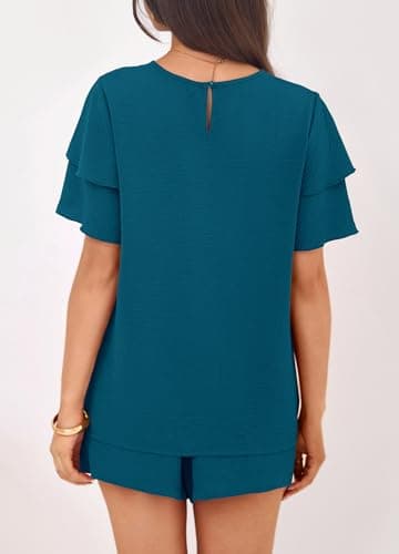 KIRUNDO 2 Piece Sets For Women Summer Ruffle Short Sleeve Top Elastic Waist Pants Matching Lounge Set Vacation Travel Outfits(Dark Blue, XX-Large) - Thumbnail 2