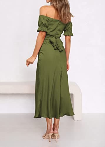 KIRUNDO Women's 2026 Spring Summer Satin Wedding Guest Midi Dress Off The Shoulder Wrap Party Cocktail Formal Prom Dresses(Army Green, Small) - Thumbnail 6