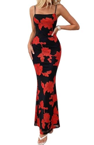 BTFBM Womens Maxi Dress 2026 Spring Floral Sexy Spaghetti Straps Sleeveless Bodycon Summer Beach Wedding Guest Dresses(Floral Black Red, X-Small) - Image 1