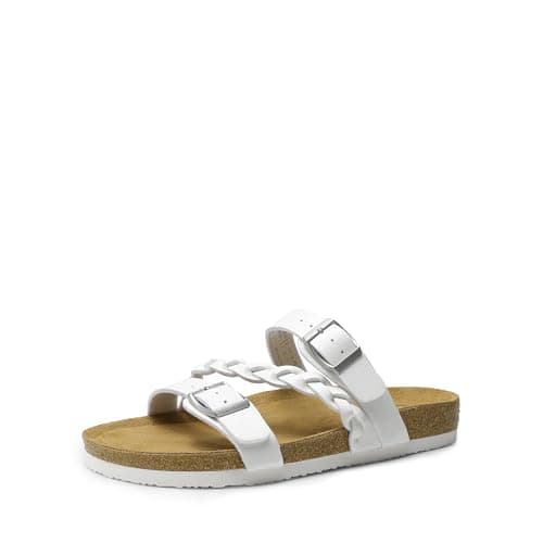 DREAM PAIRS Women's Slides Soft Cork Footbed Sandals Comfortable Walking Slip-on Flat Sandals Arch Support Adjustable Buckle Braided Straps Slippers,Size 7.5,White,DWUMSS2547 - Image 1