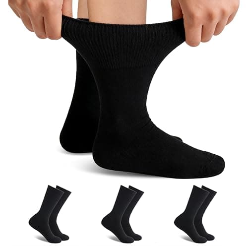 Forcool 3 Pairs Merino Wool Diabetic Men's Women's Non Binding Loose Top Extra Wide Calf Large Cushion Socks Dress Crew Socks with Seamless Toe, X Large Black - Image 1