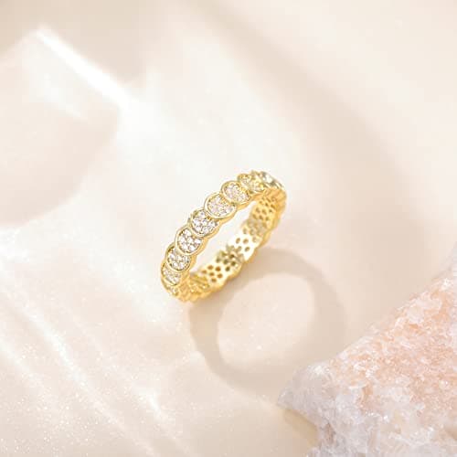 SHINYSO 14K Gold Plated Wedding Bands for Women Cubic Zirconia Round Eternity Engagement Promise Rings for Her Size 7.5 - Thumbnail 2