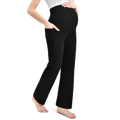 Leafigure Maternity Pants with Pockets Over The Belly Lounge Wide Leg Yoga Pants for Women Pregnancy Black L - Image 1