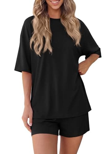 BTFBM Two Piece Sets For Women Summer Outfits Short Sleeve Tops Lounge Shorts Sets Oversized Matching Sets Pockets 2026(Black, Medium) - Image 1