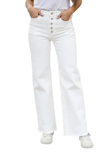 Sidefeel Women's Jeans High Waisted Straight Leg Stretchy Jeans Trendy Button Fly Raw Hem Wide Leg Denim Pants White Size 6 - Image 1
