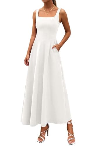 PRETTYGARDEN Womens Summer Dresses 2026 Sleeveless Elegant Square Neck Aline Swing Maxi Beach Wedding Guest Dress Pockets (White,XX-Large) - Image 1