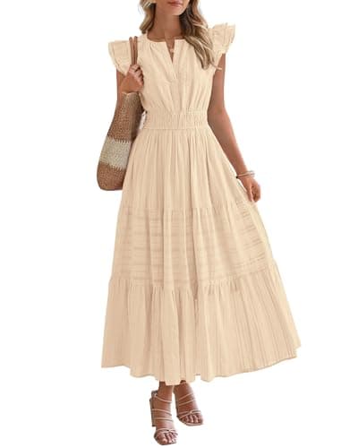 BTFBM Womens Summer Maxi Dress 2026 Spring Boho Vacation Ruffle Flutter Short Sleeve A Line Tiered Flowy Dresses Pockets(Apricot, X-Large) - Image 1