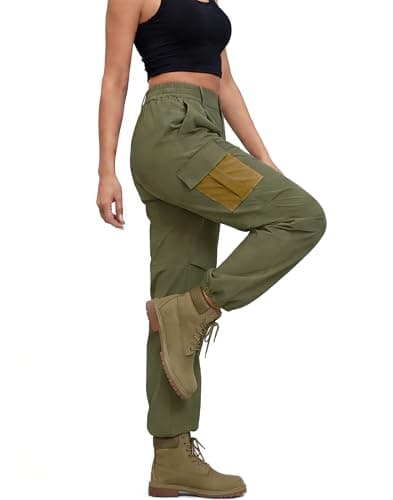 LOOKBOHO Travel Pants Women 2026 Summer Cargo Contrast Pockets Lightweight Drawstring Casual Joggers Straight Leg Trousers Army Green Small - Image 1