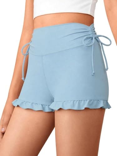 AMAWMW Girls Athletic High Waisted Ruffle Shorts Yoga Dance Cheer Shorts Teen Gymnastics Workout Shorts Blue 15-16Y - Image 1