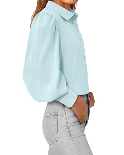 BTFBM Women Fashion Button Down Shirts 2026 V Neck Boho Printed Long Sleeve Blouses Dressy Casual Spring Fall Tops(Solid Light Blue, Large) - Thumbnail 4