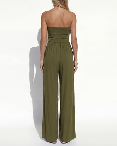 BTFBM Jumpsuits For Women Summer 2026 Beach Vacation Strapless Tube Top Jumpsuit Ruched Casual Wide Leg Pant Rompers(Army Green, Small) - Thumbnail 3