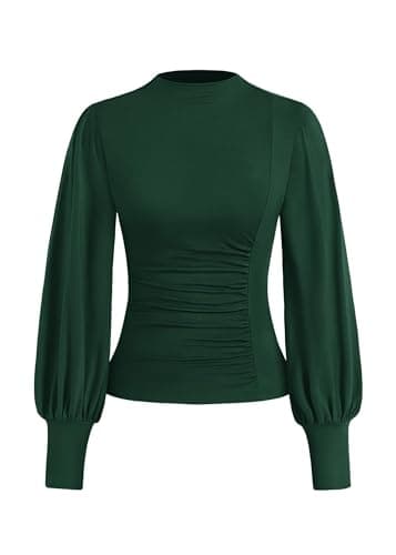 KIRUNDO Blouses for Women Dressy Casual 2026 Spring Tops Fall Puff Long Sleeve Shirts Fitted Mock Neck Ruched Trendy Tops(Dark Green, X-Small) - Image 1