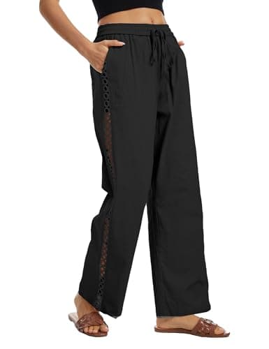 Demoking Womens Linen Pants Wide Leg Casual Palazzo Drawstring Cotton Beach Vacation Clothes for Women Hollow Side Black L - Image 1