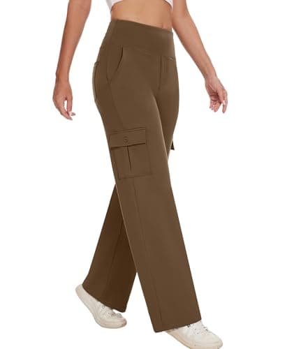 LXP Yoga Cargo Pants Women Wide Leg Pants with Pockets High Waist Stretch Dress Casual Business Work Travel Pants,29",Dark Brown,M - Image 1