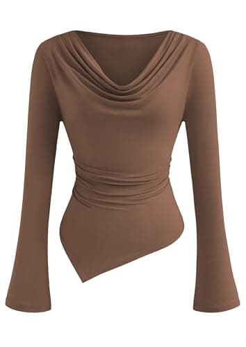 PRETTYGARDEN Womens Bell Long Sleeve Shirts Casual Cowl Neck Off Shoulder Asymmetrical Slim Fit Crop Tops Y2K Going Out Spring Clothes (Brown,L) - Image 1