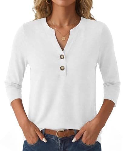 GKBK Womens Tops 3/4 Length Sleeve V Neck Button Down Loose Fit Shirts Business Casual Basic Tees Summer Fashion 2026 Dressy Casual Vacation Travel Essentials Blouses Trendy Outfits White XL - Image 1