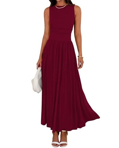 BTFBM Summer Maxi Dresses for Women 2026 Spring Sleeveless Casual Ruched High Waisted Long Sundress Flowy Beach Dress(Wine Red, Small) - Image 1